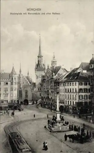 Ak München, Marienplatz, Mariensäule, Rathaus, Straßenbahn