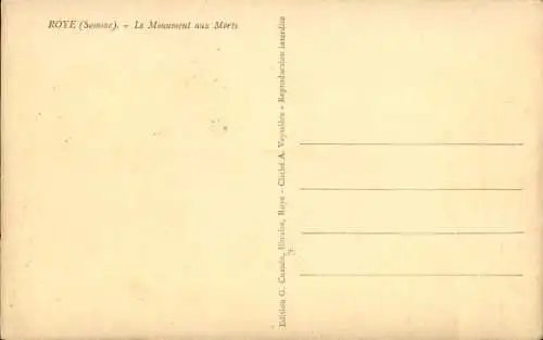 Ak Roye Somme, le Monument aux Morts
