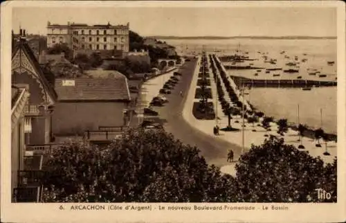 Ak Arcachon Gironde, Le nouveau Boulevard-Promenade, Le Bassin