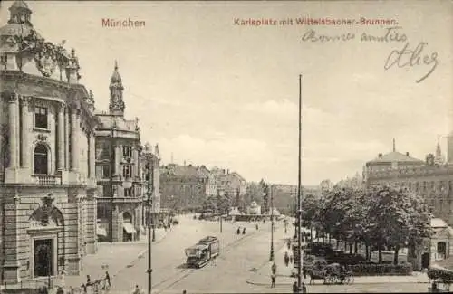 Ak München, Karlsplatz, Wittelsbacher-Brunnen, Straßenbahn