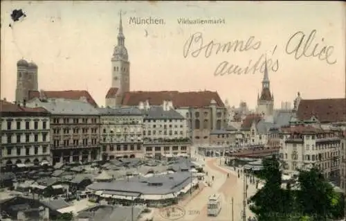 Ak München, Viktualienmarkt, Kirchtürme, Straßenbahn