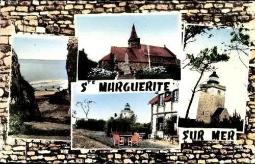 Ak Sainte Marguerite sur Mer Seine-Maritime, Richtung Strand, Kirche, Leuchtturm von Ailly