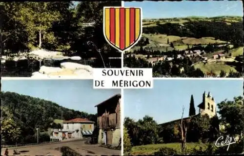 Ak Merigon Ariege, le Volp, vue generale, ruines du Chateau, entree du village, Kirche, Wappen