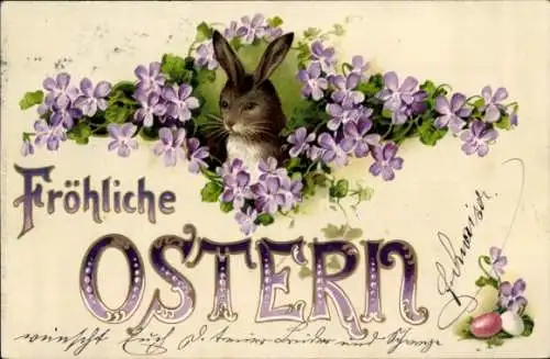 Präge Litho Glückwunsch Ostern, Osterhase, Ostereier, Veilchen