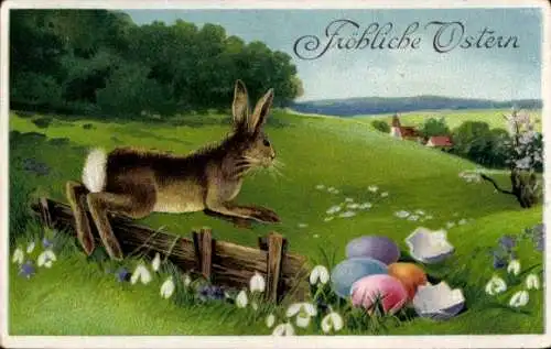 Präge Ak Glückwunsch Ostern, Osterhase, Ostereier, Wiese, Haus