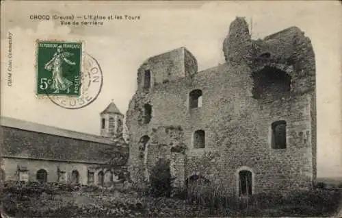 Ak Crocq Creuse, L'Eglise et les  Tours, Vue de derriere