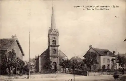 Ak Audincourt Doubs, Kirche, Rue de Montbéliard