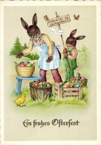 Künstler Ak Glückwunsch Ostern, Vermenschlichte Osterhasen, Küken, Ostereier