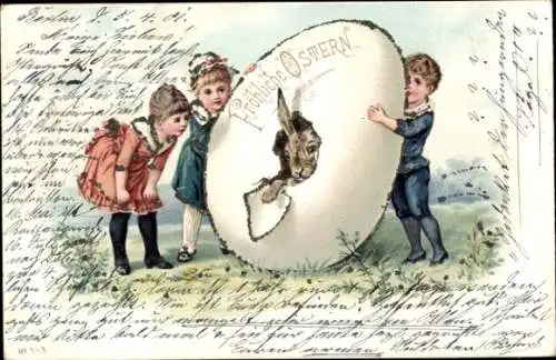 Glitzer Litho Glückwunsch Ostern, Kinder, Osterhase, Osterei