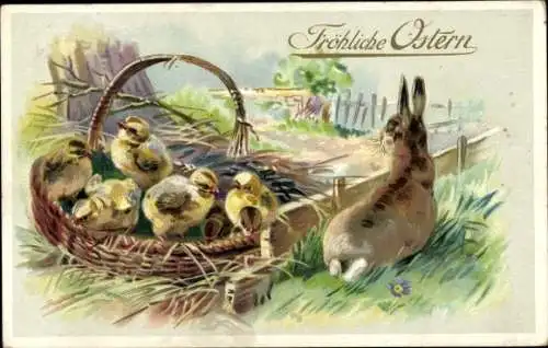 Präge Ak Glückwunsch Ostern, Küken im Korb, Osterhase