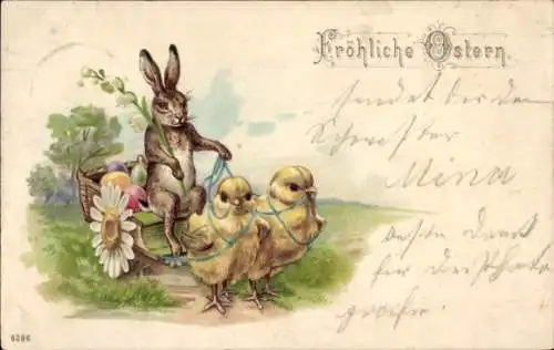 Litho Glückwunsch Ostern, Küken ziehen eine Kutsche mit Eiern, Hase