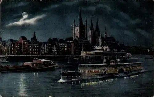 Ak Köln am Rhein, bei Nacht, Schiffe