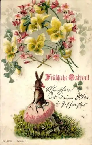 Litho Glückwunsch Ostern, Hase schlüpft aus einem Ei, Stiefmütterchen