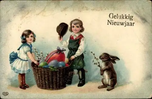 Ak Glückwunsch Neujahr, Glückwunsch Ostern, Osterhase, Ostereier im Korb, EAS 17093