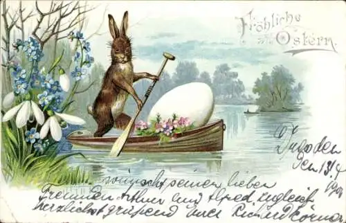 Ak Frohe Ostern, Osterhase, Osterei, Ruderboot, Schneeglöckchen