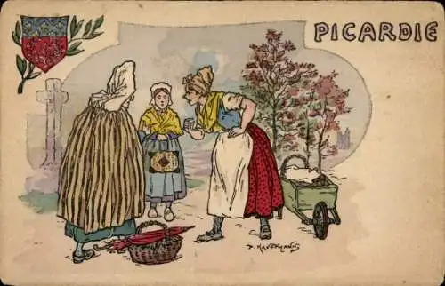 Künstler Ak Kauffmann, Picardie, Frauen in französischer Tracht, Gespräch, Wappen