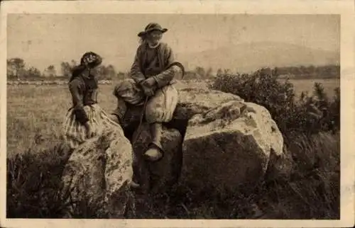 Ak Auf dem alten Dolmen von Menez-Hom, Der Vorfahre und seine Enkelin