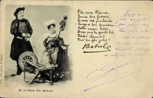 Ak Trachten Bretagne, Theodore Botrel, bretonischer Chansonnier, Frau am Spinnrad