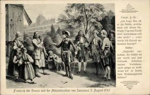 Künstler Ak Sanssouci, Friedrich der Große und der Mühlenbesitzer von Sanssouci 2. August 1745