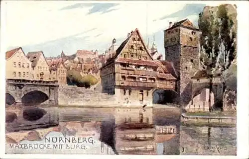 Künstler Ak Nürnberg in Mittelfranken, Maxbrücke, Burg