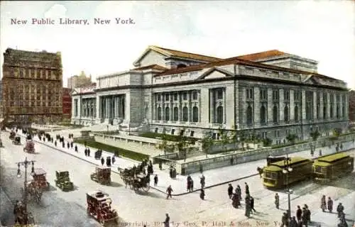 Ak New York City USA, Neue öffentliche Bibliothek, Straßenbahnen