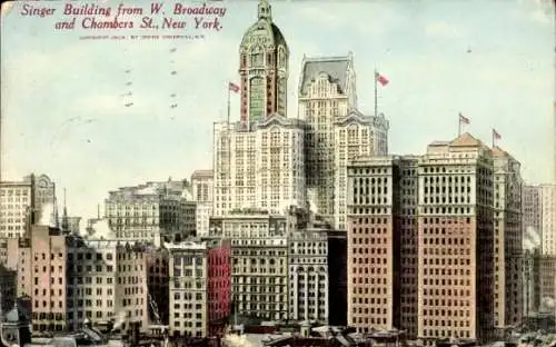 Ak New York City USA, Singer Building von West Broadway und Chambers Street