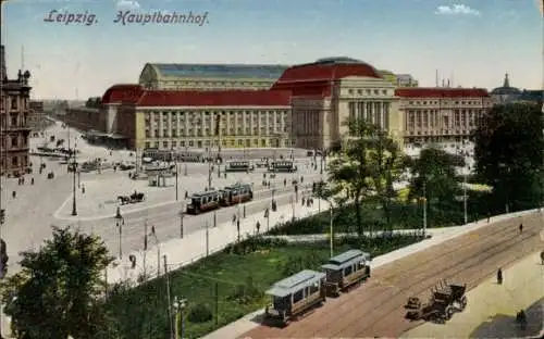 Ak Leipzig in Sachsen, Hauptbahnhof, Straßenbahnen