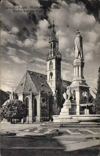 Ak Bozen Bolzano Südtirol, Walter von der Vogelweide-Denkmal, Pfarrkirche