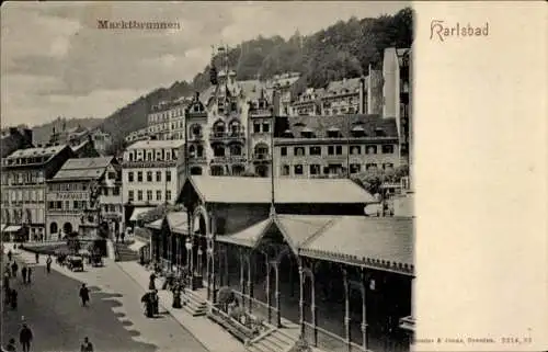 Ak Karlovy Vary Karlsbad Stadt, Marktbrunnen, Straßenpartie