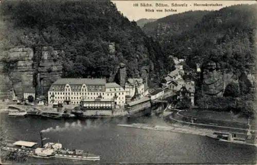 Ak Hřensko Herrnskretschen Elbe Region Aussig, Blick von Schöna, Dampfer