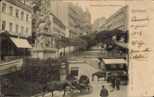 Ak Karlovy Vary Karlsbad Stadt, Marktplatz mit Schlossberg