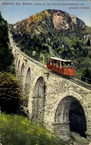 Ak Bozen Bolzano Südtirol, Partie an der Mendel Drahtseilbahn mit grossem Viadukt