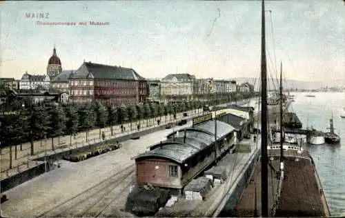 Ak Mainz am Rhein, Rheinpromenade mit Museum