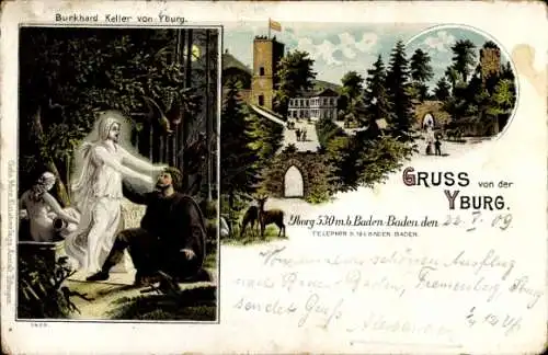 Litho Baden Baden am Schwarzwald, Yburg, Großherzog Friedrichsturm, Burkhard Keller