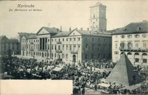 Ak Karlsruhe in Baden, Der Markplatz, Rathaus, Pyramide