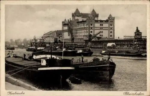 Ak Karlsruhe in Baden, Rheinhafen, Frachtschiffe