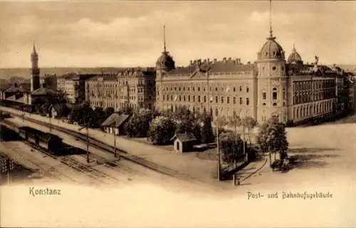 Ak Konstanz am Bodensee, Post- und Bahnhofsgebäude