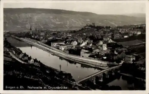 Ak Bingen am Rhein, Naheseite, Gesamtansicht, Drususbrücke