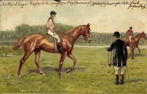 Litho Jockey zu Pferde, Braunes Pferd, Zaumzeug