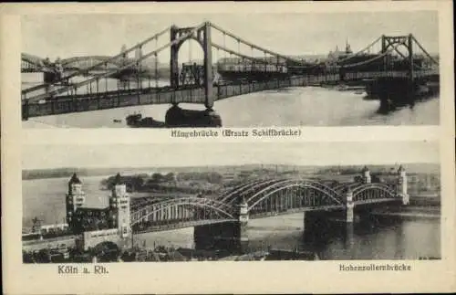 Ak Köln am Rhein, Hängebrücke, Schiffbrücke, Hohenzollernbrücke