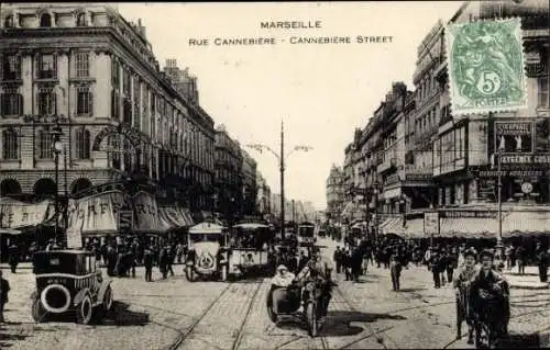 Ak Marseille Bouches du Rhône, Rue Cannebière, Straßenbahn 594, Automobile, Motorrad