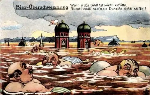 Künstler Ak München, Bierüberschwemmung, Biertrinker, Türme der Frauenkirche
