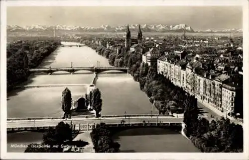 Ak München, Stadtpanorama, Isar, Gebirge