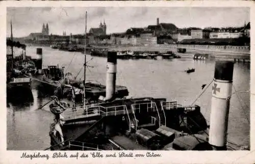 Ak Magdeburg an der Elbe,, Gesamtansicht von Osten, Dampfer