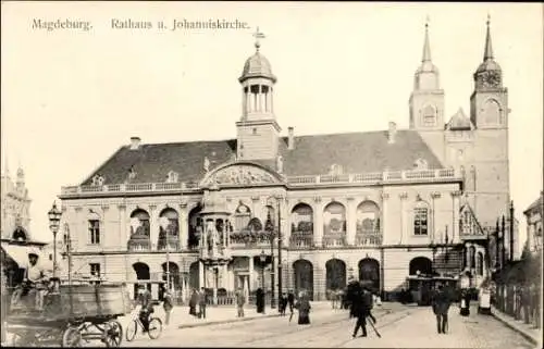 Ak Magdeburg an der Elbe, Rathaus, Johanneskirche, Kutsche