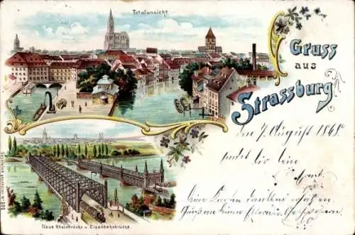 Litho Strasbourg Straßburg Elsass Bas Rhin, Gesamtansicht, Neue Rheinbrücke, Eisenbahnbrücke