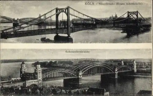 Ak Köln am Rhein, Hängebrücke, Schiffbrücke, Hohenzollernbrücke
