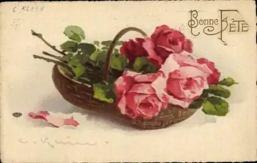 Künstler Ak Klein, Catharina, Korb mit roten Rosen