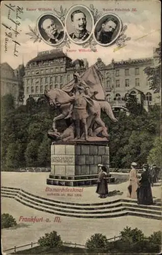 Ak Frankfurt am Main, Bismarck Denkmal, Kaiser Wilhelm II., Kaiser Friedrich III.