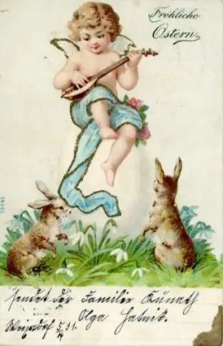 Glitzer Litho Glückwunsch Ostern, Musizierender Engel, Osterhasen, Osterei